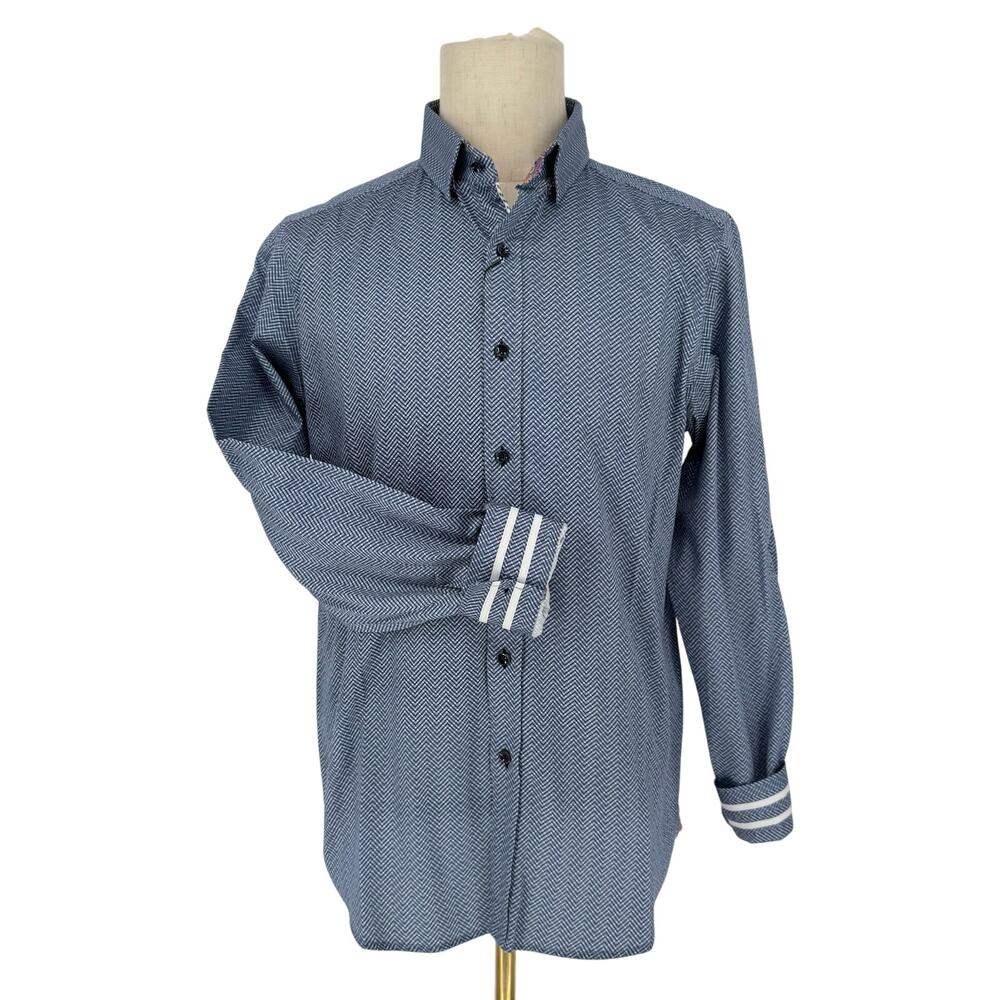 Robert Graham Button Front Long Sleeve Shirt PAGE Multi Blue Herringbone Print M